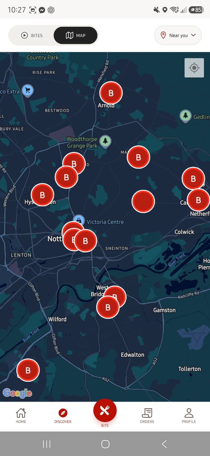 BiteIn Discover map showing local restaurants