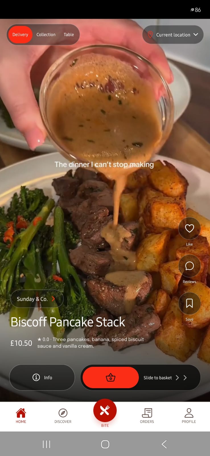 BiteIn Home showing a Biscoff Pancake Stack