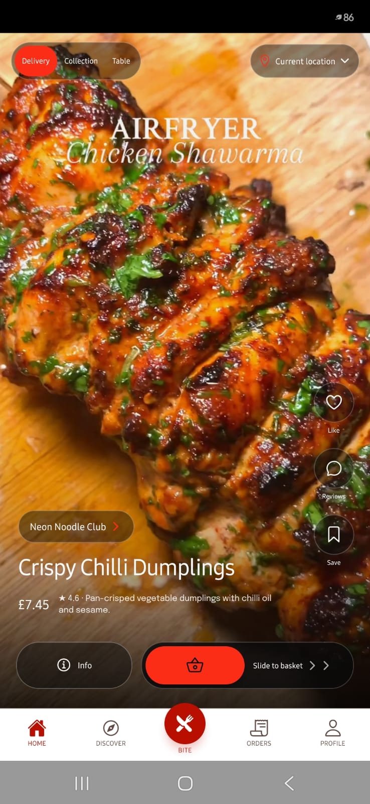 BiteIn Home showing Crispy Chilli Dumplings
