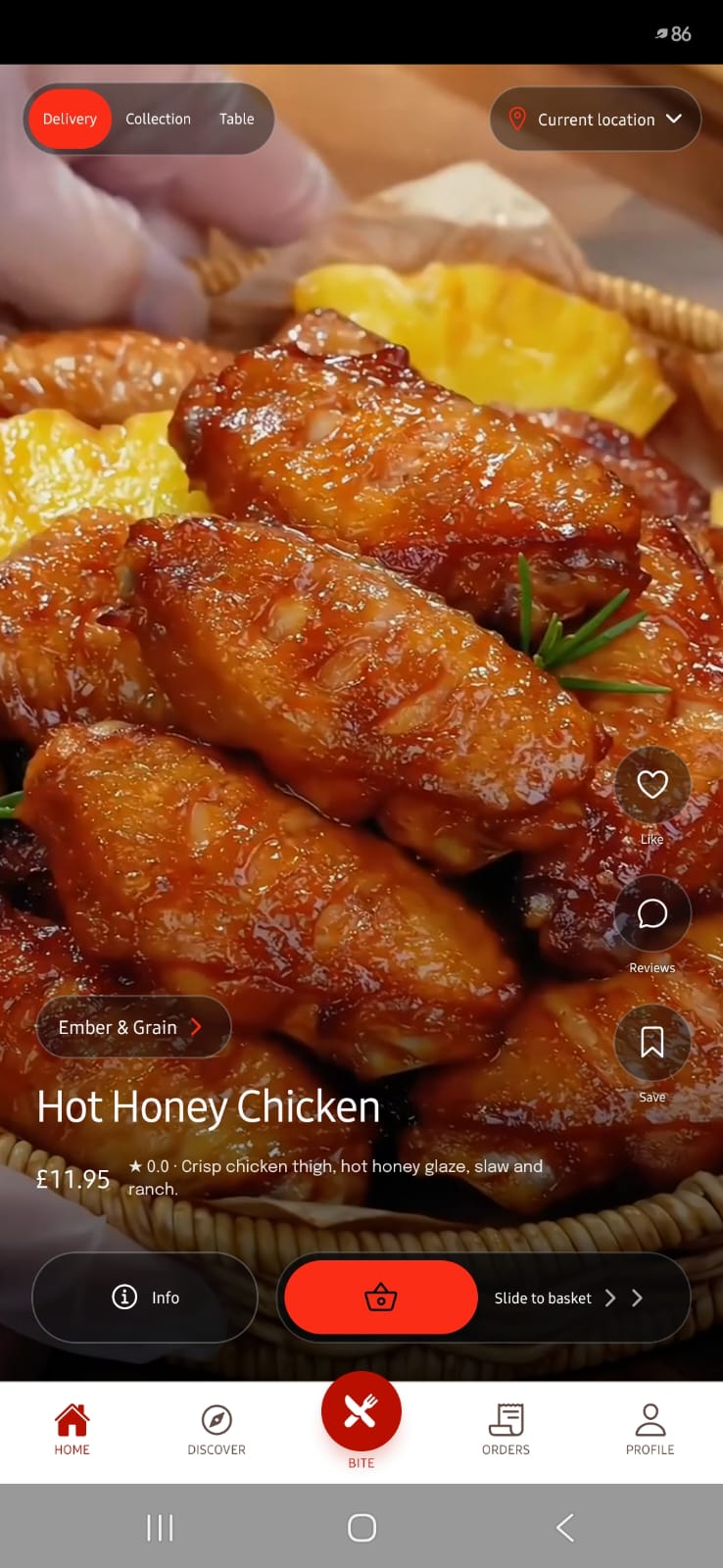 BiteIn Home showing Hot Honey Chicken