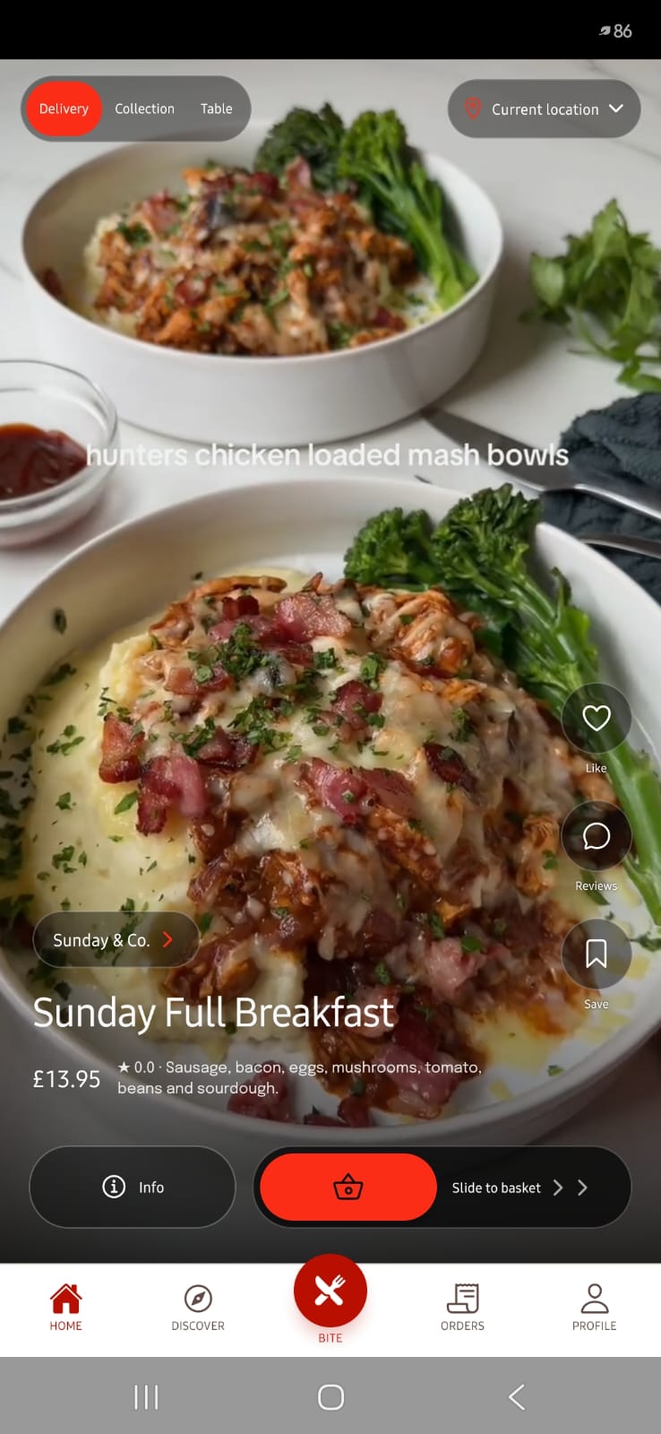 BiteIn Home showing a Sunday Full Breakfast